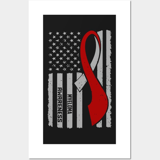 Myeloma Awareness Patriotic Flag Burgundy Ribbon In This Family No One Fights Alone T-Shirt Wall Art by Mayla90